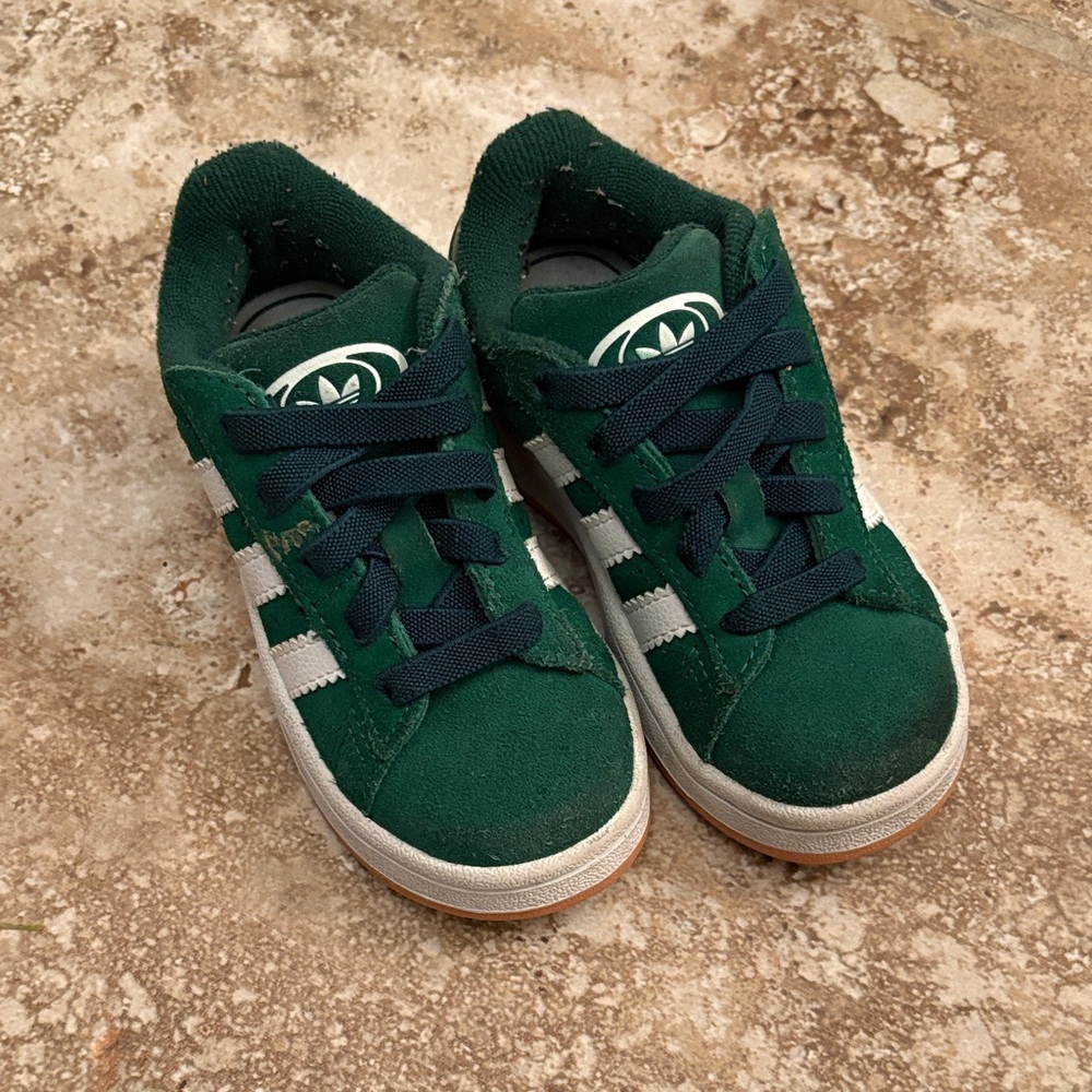adidas Kids Dark Green Suede Sneakers with White Stripes